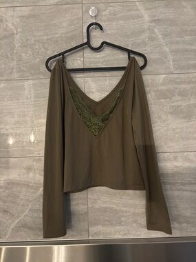 SHEIN Olive Green Lace-Trim Long Sleeve V-Neck Top